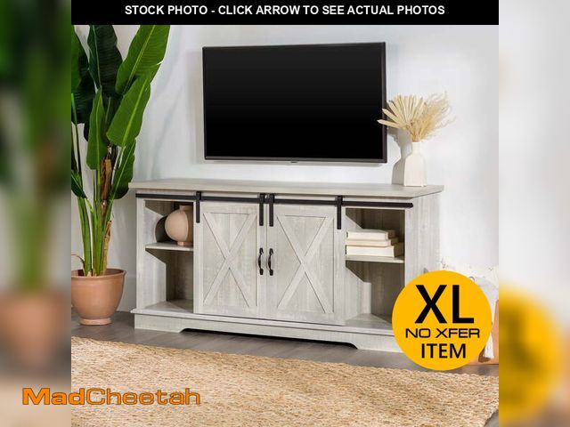 Lot 74-12670531 - (SOME DAMAGE) Walker Edison Sliding Farmhouse Barn Door TV Stand for TVs up to 65", Stone Grey - USE...