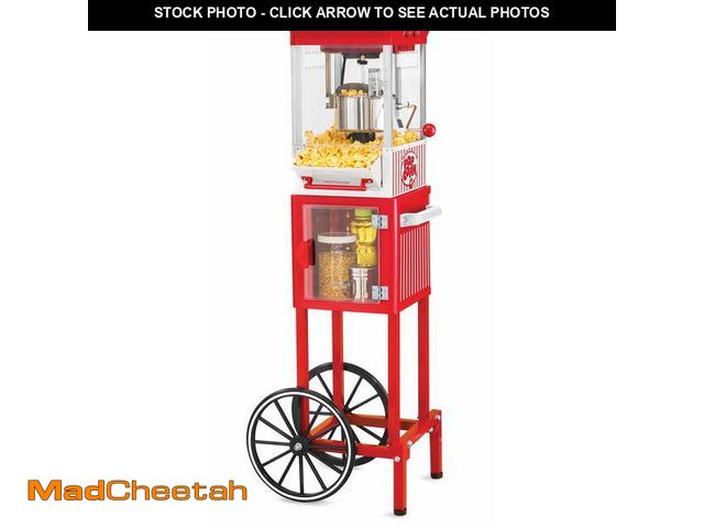 Lot 74-12890923 - Nostalgia 2.5 oz Popcorn and Concession Cart, Makes 10 Cups, 45 in Tall, Red, KPM200CART - USED