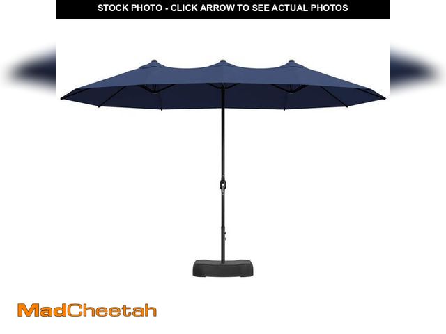 Lot 74-14279806 - 15 ft. Outdoor Market Patio Umbrella Double Sided Umbrella with Base in Blue - UNUSED