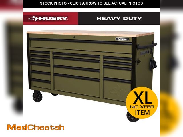Lot 74-13662845 - Husky Heavy Duty 61 in. W x 23 in. D 15-Drawer Matte Army Green Mobile Workbench Cabinet with Solid ...