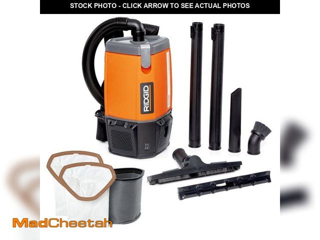 Lot 74-12594832 - RIDGID 6 Qt. (1.5 Gal.) NXT Backpack Vacuum Cleaner with Filters and Shop Vacuum Attachments for Dry...