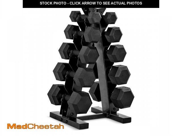 Lot 74-12156519 - *SEE DETAILS* CAP Barbell 150 LB Coated Hex Dumbbell Weight Set with Vertical Storage Rack | Black H...