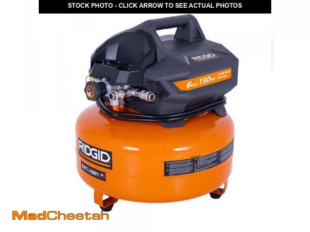 Lot 74-11826608 - RIDGID 6 Gal. 150 PSI Portable Electric Oil-Free Jobsite Pancake Air Compressor with Dual Pressure G...