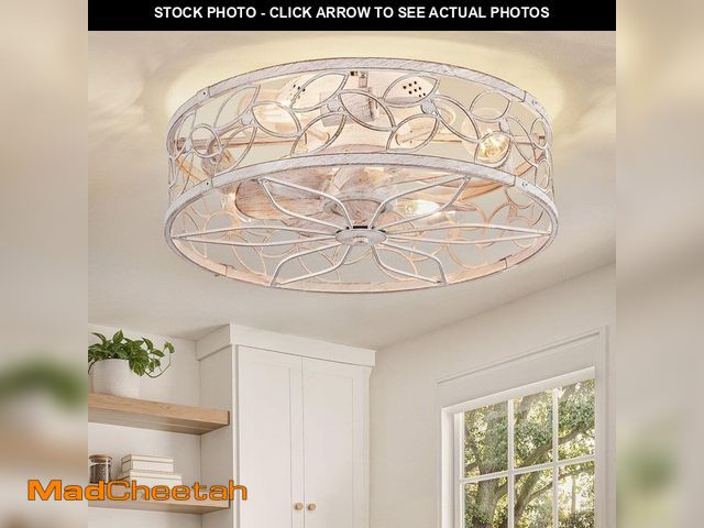Lot 74-14113492 - HINNIXY 18 in. Indoor White Gold Flush Mount Caged Ceiling Fan with Light Kit and Remote Control - U...