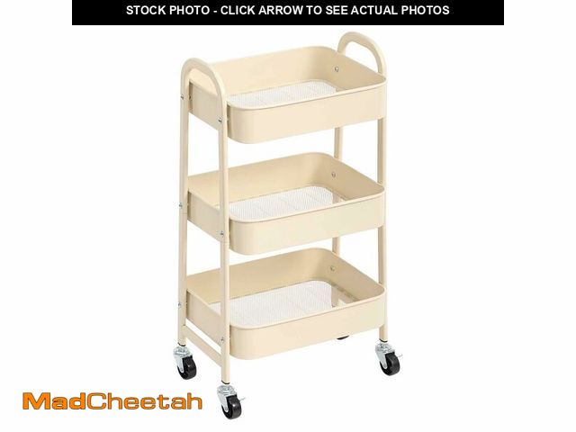 Lot 74-12873649 - AGTEK Makeup Cart, Movable Rolling Organizer Cart,3 Tier Metal Utility Cart, Beige - UNUSED