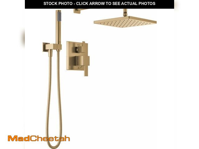 Lot 74-14067963 - Delta Modern 14 Series Square Rain Shower System Faucet Set, Rainfall Brushed Gold Shower Head and H...