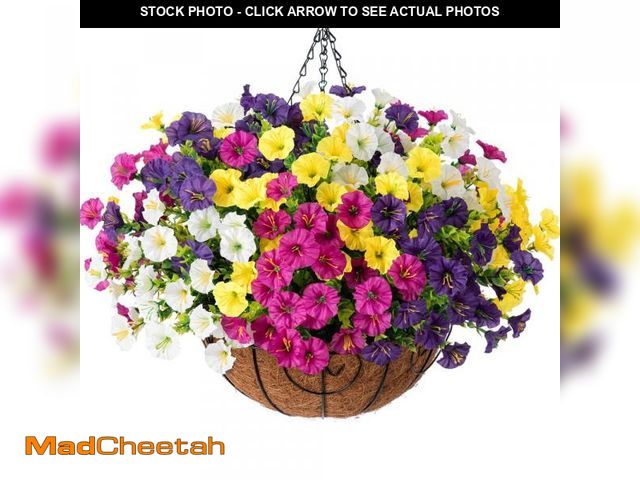 Lot 74-12303490 - Artificial Faux Hanging Flowers Plants Baskets for Outdoors, Fake Silk Morning Glory in Planter UV R...
