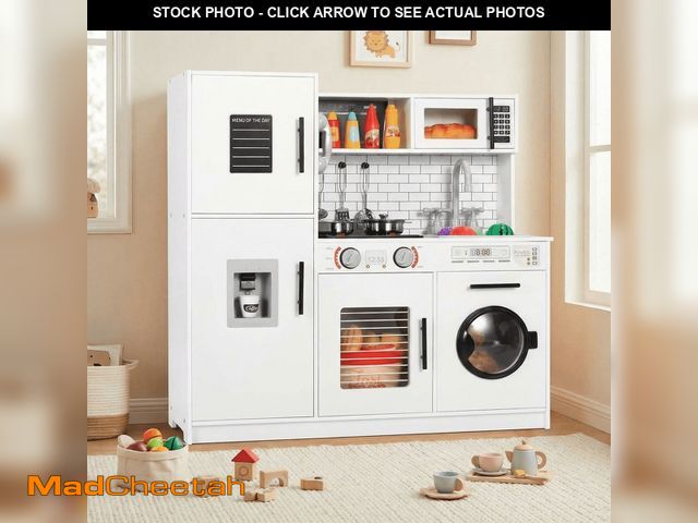 Lot 74-13815654 - Pirecart Kids Kitchen Playset Wooden Kitchen Pretend Cooking Toy with Utensils, Washing Machine, Ove...