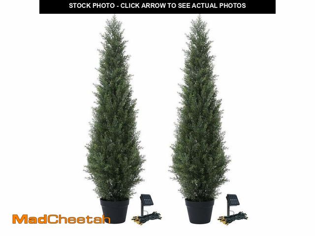 Lot 74-12889324 - 2 Pack 4ft Artificial Cedar Topiary Trees for Outdoors, Fake Cypress Plants with Solar Light String,...