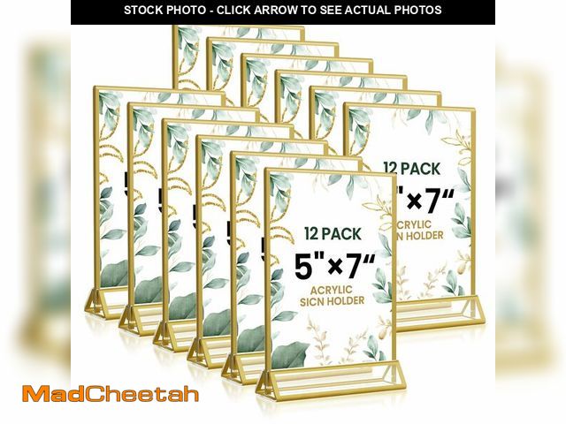 Lot 74-14205621 - 5x7 Gold Acrylic Sign Holder, 12 Pack Wedding Table Number Stands With Vertical Gold Borders, Double...