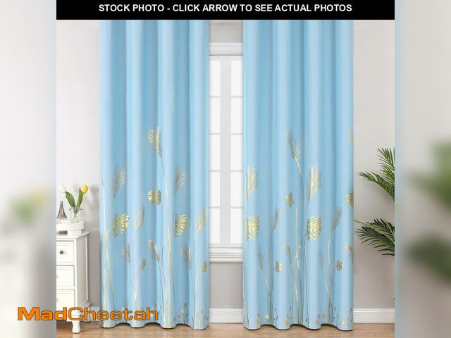Lot 74-14208364 - Estelar Textiler Sky Blue Blackout Curtains for Bedroom, Room Darkening Gold Palm Tree Pattern Curta...