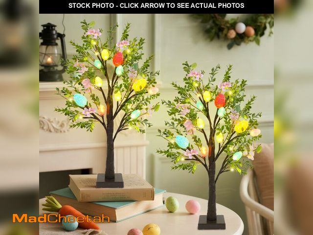 Lot 74-13624063 - DR.DUDU Easter Decor Set of 2 Lighted 24 Inch Artificial Tree with Easter Eggs &amp; Colorful LED Li...