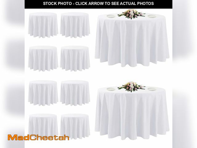 Lot 74-12696964 - 10 Pack White Round Tablecloths, 120 Inch Stain Resistant and Wrinkle Polyester Fabric Washable Tabl...