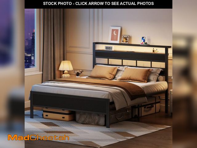 Lot 74-12402901 - Satifur Queen Size Bed Frame with Storage Headboard and LED Light, Platform Bed with Metal Slats, No...