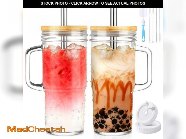 Lot 74-12538003 - Birity 24oz Glass Cups with Lids and Straws,Glass Tumbler with Handle,2 setÃ¢â¬âReusable Glass Ic...