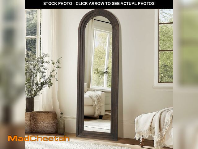 Lot 74-12786605 - Rustic Wood Floor Full Length Mirror with Stand, 64"X21" Farmhouse Arched Free Standing Mirror for B...