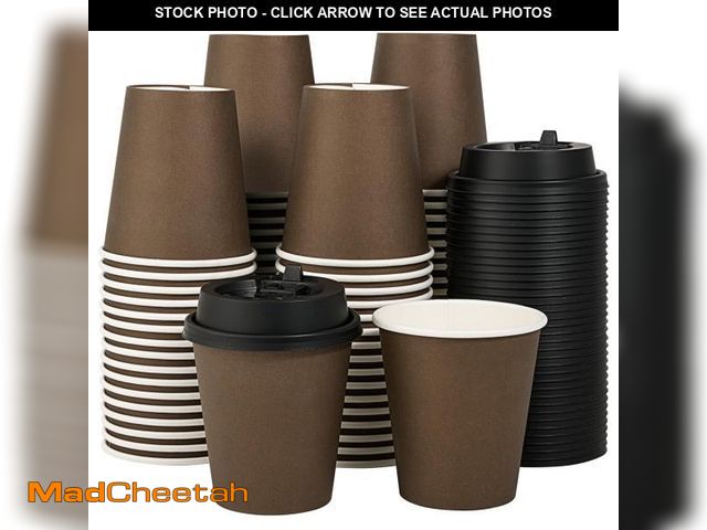 Lot 74-12309480 - LITOPAK 100 Pack 10 oz Disposable Paper Coffee Cups with Lids for Coffee, Water, Juice, or Tea, Brow...