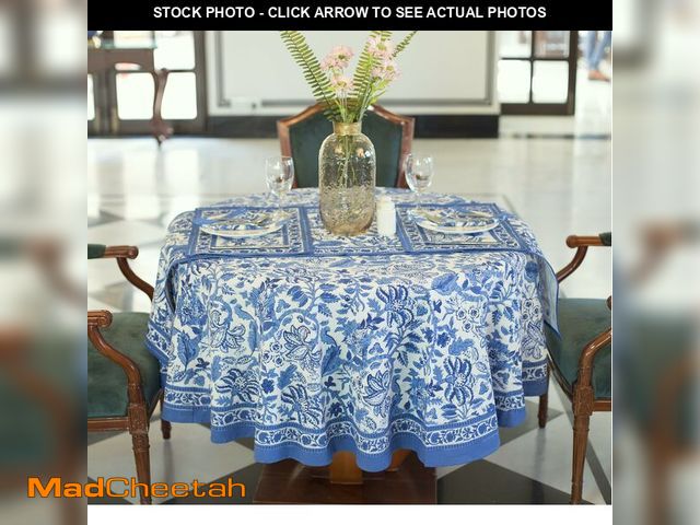 Lot 74-14269275 - Labhanshi Blue Block Print Round Table Cloth|Indian Round Floral Cotton Table Cover 120 Inch 12-Seat...