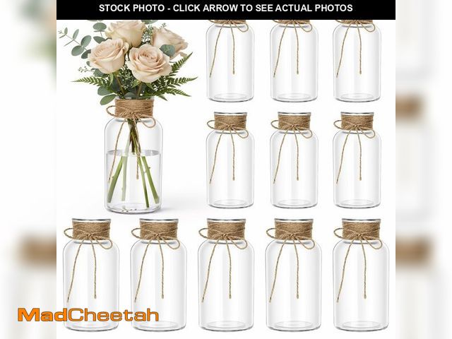 Lot 74-14269852 - Mason Jars for Centerpiece, 12 Pack Vintage Farmhouse Glass Flower Vase Transparent White Vases Bulk...