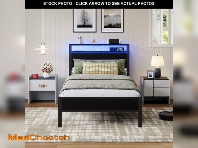Lot 74-14582006 - Novilla Twin Bed Frame with LED Lights and Charging Station, Metal Platform Bed with 2-Tier Storage ...