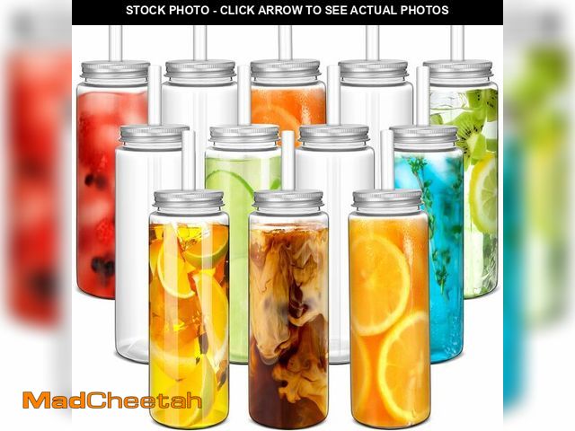 Lot 74-13631867 - Willinglong 12 Pack 17oz Plastic Juice Bottles - Reusable Drinking Jars with Straw and Lids for Drin...