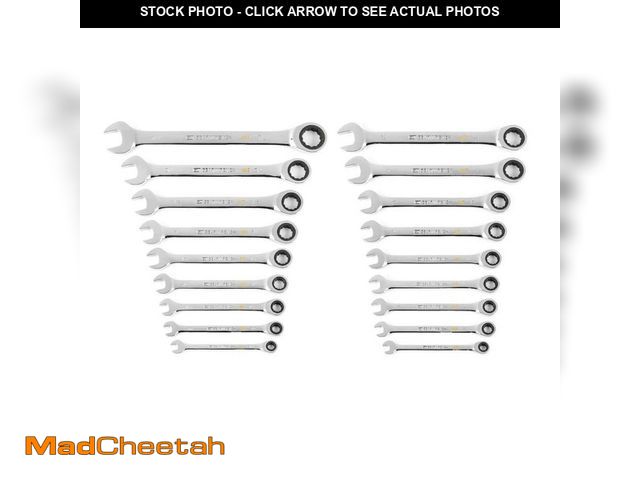 Lot 74-12558358 - GEARWRENCH SAE/MM 90-Tooth Pro Combination Ratcheting Wrench Tool Set with Tray (18-Piece) - UNUSED