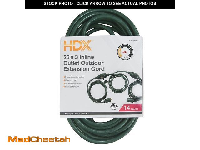 Lot 74-14613062 - HDX 25 ft. 14/3 3 Outlet Extension Cord, Green KB-168 - UNUSED