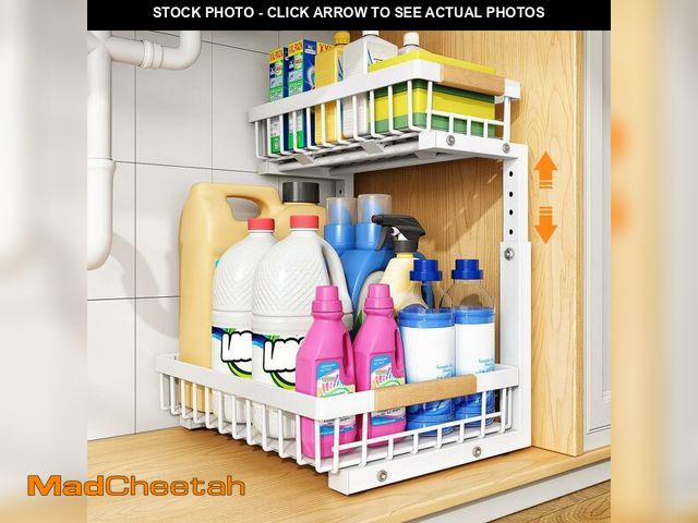 Lot 74-14430864 - PXRACK Under Sink Organizer, Adjustable Height, 2 Tier Pull Out Under Cabinet Organizer, Slide Out T...