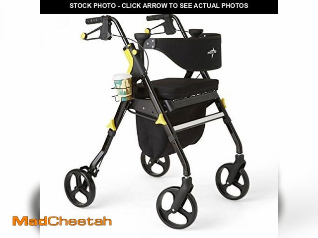 Lot 74-12137111 - Medline Premium Empower Folding Mobility Rollator Walker with Memory Foam Seat, Black, 300 lb. Weigh...