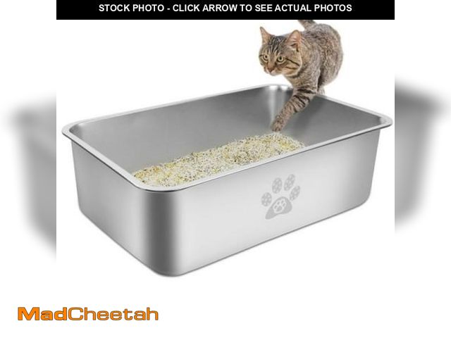 Lot 74-12156221 - (DENTED) Ptlom Cat Litter Box with High Sides Large Stainless Steel Cat Litter Pan 23.6  X 15.7  X 7...