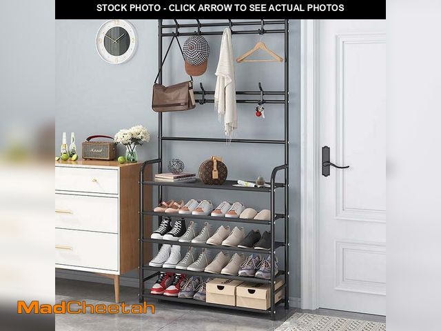 Lot 74-12669765 - HONEIER Coat Rack, Coat Rack Stand with 8 Removable Hooks and 5 Storage Shelves, Modern Industrial S...