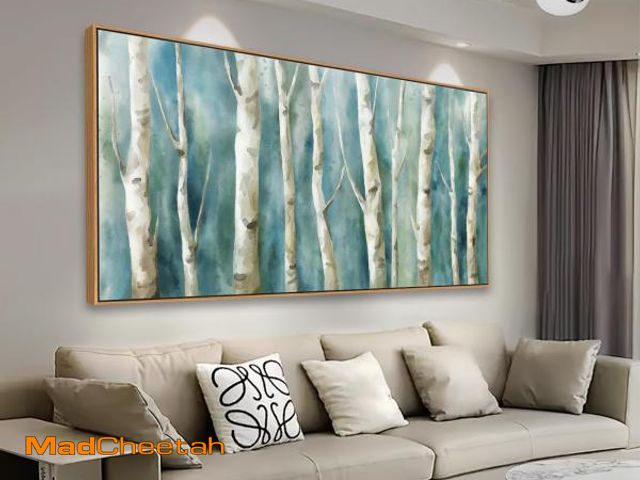 Lot 74-12198489 - Framed Birch Canvas Wall Art - Abstract Birch Tree Pictures for Wall Decor Modern Turquoise Canvas P...
