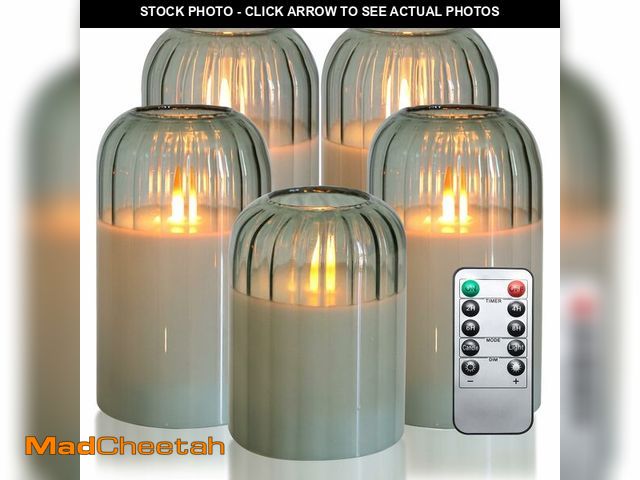 Lot 74-12715139 - MUMCHASI Green Flameless Battery Operated Candles with Remote, Set of 5 Glass Jar LED Candles with D...