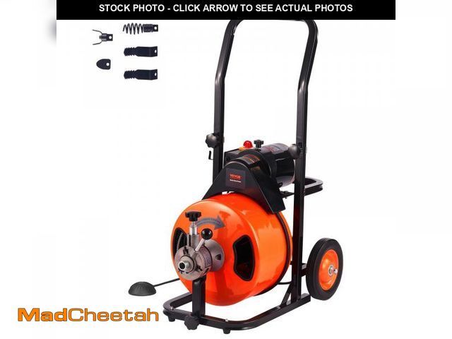 Lot 74-12388993 - VEVOR 100 FT x 1/2 Inch Drain Cleaner Machine, Sewer Snake Auger Auto Feed with 4 Cutter &amp; Air-a...