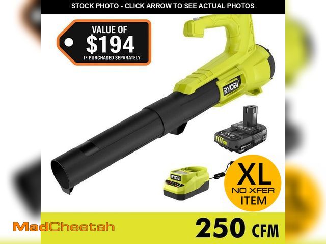 Lot 74-14560178 - RYOBI ONE+ 18V 90 MPH 250 CFM Cordless Battery Leaf Blower/Sweeper with 2.0 Ah Battery and Charger -...