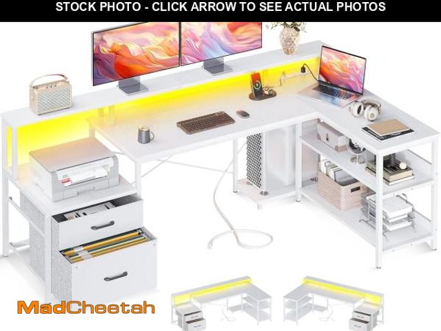 Lot 74-12402505 - ODK L Shaped Desk with File Drawer, 66" Reversible L Shaped Computer Desk with Power Outlet &amp; LE...
