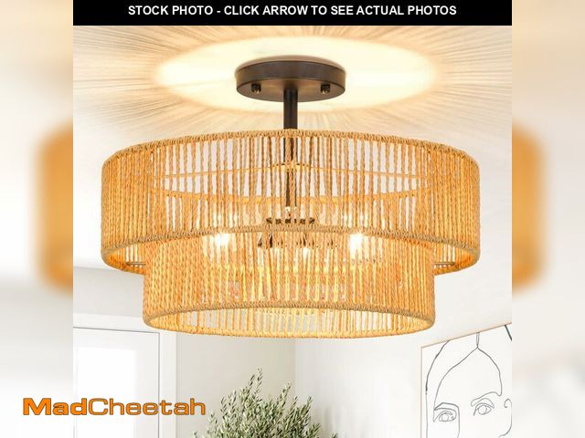 Lot 74-12707855 - ZECOXOL Rattan Ceiling Light Fixture Boho Flush Mount Ceiling Light 3-Lights Wicker Boho Light Fixtu...