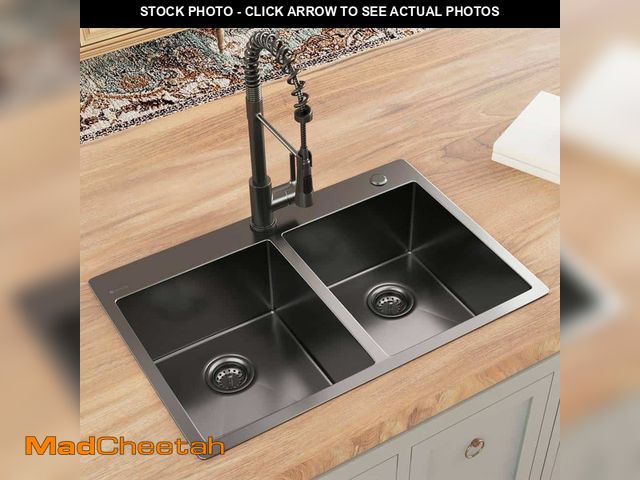 Lot 74-12580773 - 33 in. Drop-In Double Bowl 18 Gauge Gunmetal Black Stainless Steel Kitchen Sink with Black Spring Ne...