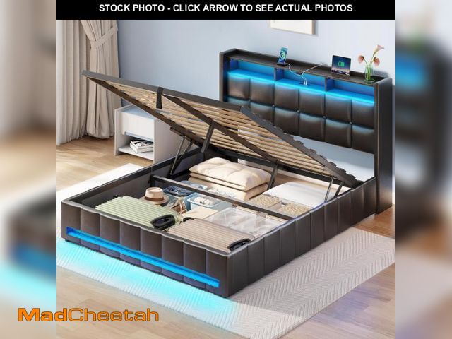 Lot 74-12489683 - Rolanstar Bed Frame Full Size with Lift Up Storage, Charging Station &amp; LED Lights, Upholstered S...
