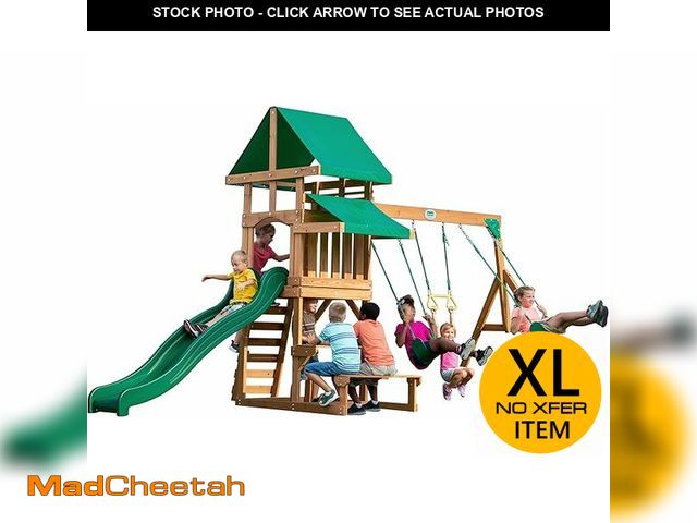 Lot 74-12135507 - Backyard Discovery Belmont Cedar Wood Swing Set with Wave Slide, Play Deck, Rock Wall Ladder, Snack ...