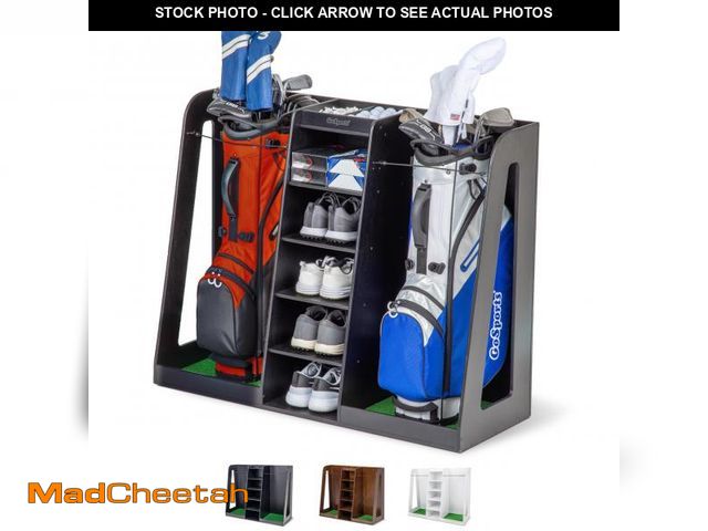 Lot 74-12493694 - GoSports Premium Wooden Golf Bag Organizer and Storage Rack - Black - UNUSED