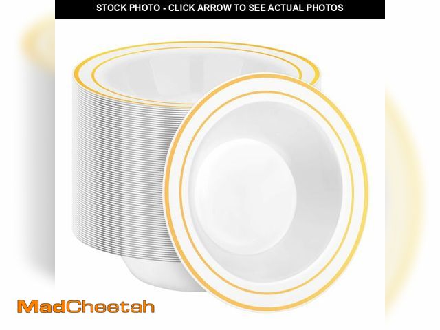 Lot 74-14331738 - BESTSTAR 100 Pack Disposable Soup Bowls with Gold Rim, 12oz Premium Heavy Duty Plastic Dinner Bowls ...