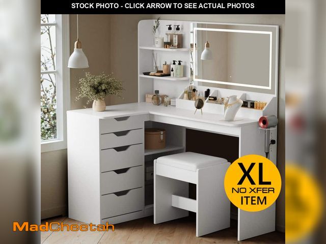 Lot 74-13037845 - LACOO Corner Makeup Vanity Set with Lights and Mirror, 47 in. L Shaped Vanity Set with Cushioned Sto...