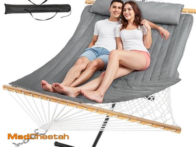 Lot 74-12525424 - Everyfun 2 Person Outdoor Hammock with Stand, Cotton Rope Hammock with Polyester Pad, Adjustable Ste...