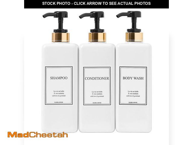 Lot 74-11550918 - HARRA HOME Modern Gold Design Pump Bottle Set 27 oz Refillable Shampoo and Conditioner Dispenser Emp...