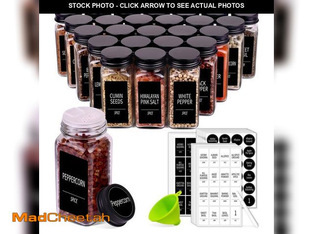 Lot 74-13541492 - Churboro 48 Spice Jars with 547 Labels- Glass Spice Jars with Black Metal Caps, 4oz Empty Spice Cont...