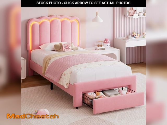 Lot 74-14097742 - (MISSING HARDWARE) Twin Upholstered LED Bed Frame with Storage Drawer and Adjustable Chic Double Wav...