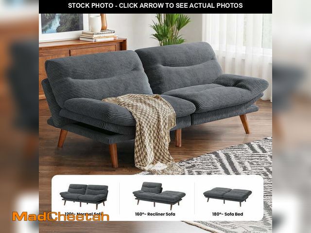 Lot 74-14603374 - CHITOOMA 75" Corduroy Futon Sofa Bed, Gray Convertible Couch with Adjustable Backrest and 6-Level Ar...