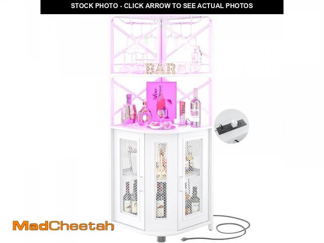 Lot 74-12540871 - Aheaplus Corner Bar Cabinet with Power Outlet, Industrial Wine Cabinet with LED Strip and Glass Hold...