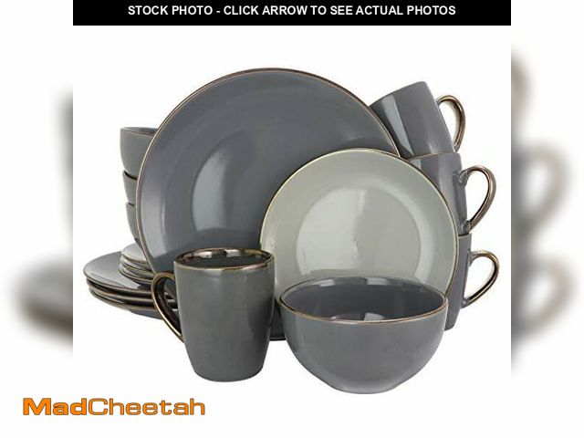 Lot 74-12695531 - Elama Tahitian Grand 16 Piece Luxurious Stoneware Dinnerware Set in Stone and Slate with Complete Se...